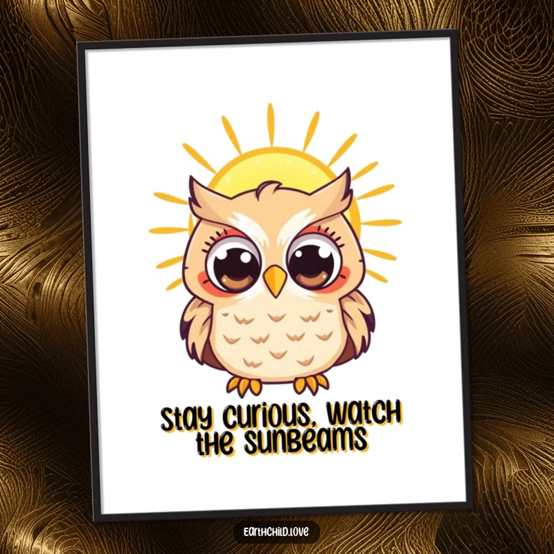 Funny Free Printable Wall Art: A Kawaii owl with wide, curious eyes observing a vibrant, radiant sun.
