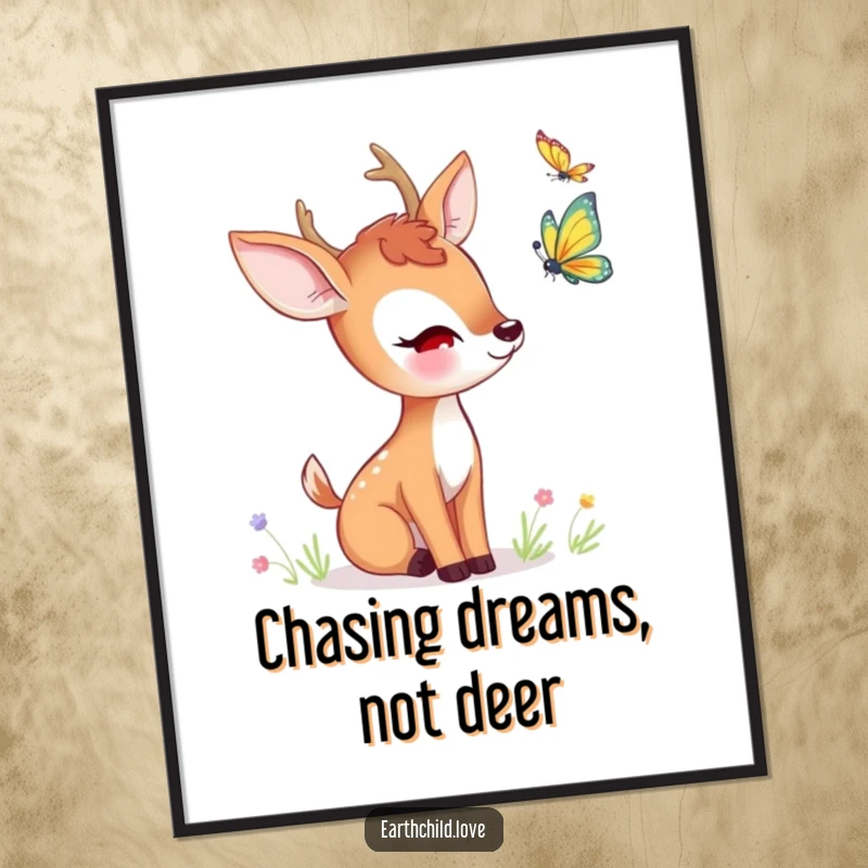 Funny Free Printable Wall Art: A kawaii deer with gentle eyes, curiously observing a butterfly fluttering nearby, serene art.