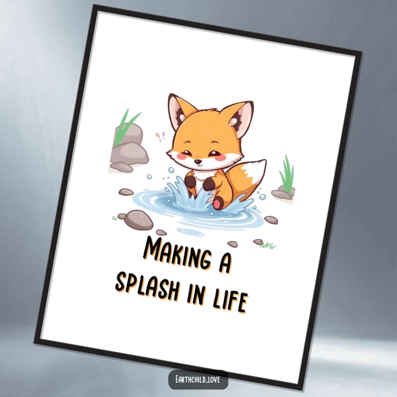 Funny Free Printable Wall Art: A kawaii fox energetically splashing water in a small stream, creating playful ripples.