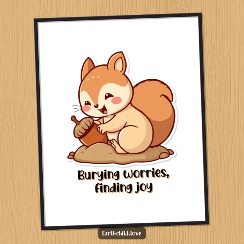 Funny Free Printable Wall Art: A kawaii squirrel focused on burying an acorn, its tail wiggling with excitement.