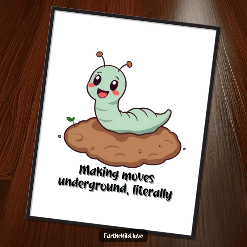 Funny Free Printable Earthworm Burrowing Wall Art, a kawaii worm happily making its way through the earth.