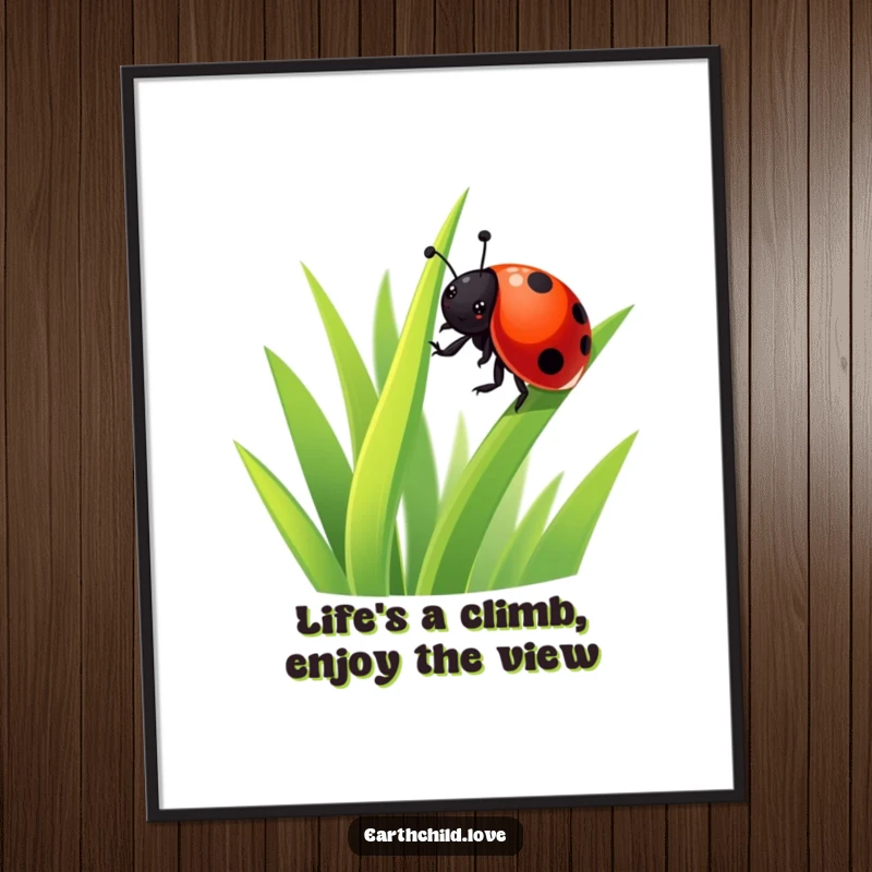 Funny Free Printable Ladybug Climbing Grass Wall Art, a kawaii insect reaching for the sun with a cheerful grin.