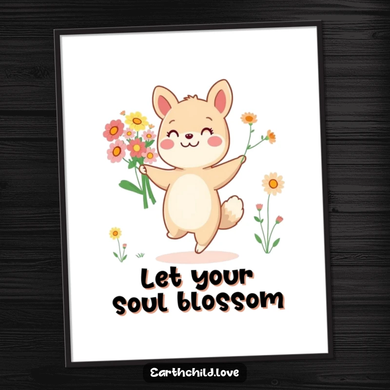 Funny Free Printable Wall Art: A cheerful animal character joyfully dancing, holding a colorful bouquet of wildflowers.