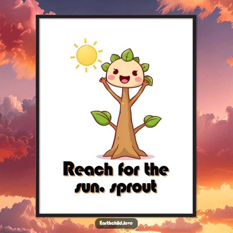 Funny Free Printable Wall Art: Kawaii tree sprout reaching enthusiastically towards the sun, bringing a cheerful, natural vibe.