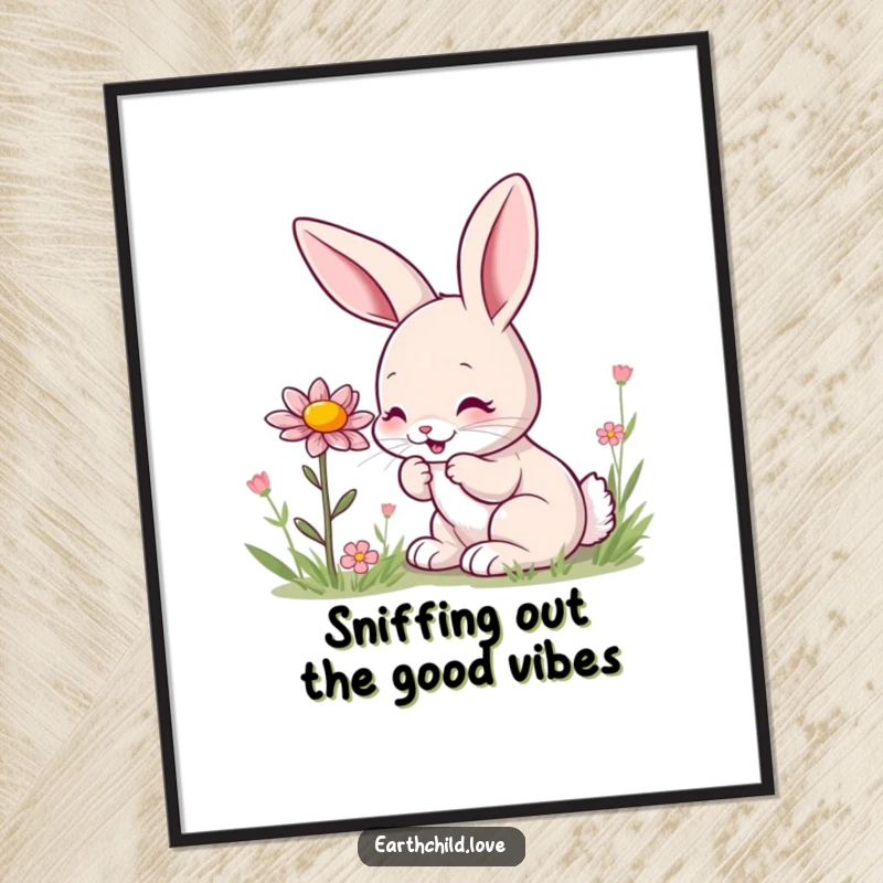 Funny Free Printable Wall Art: A kawaii bunny with eyes closed, delightedly smelling a bright wildflower, adding charm.