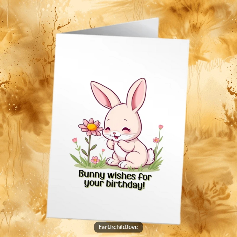 Funny Free Printable Birthday Card: Kawaii bunny joyfully sniffing a vibrant wildflower, perfect for a festive greeting.