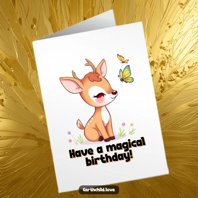 Funny Free Printable Birthday Card: Kawaii deer curiously observing a brightly colored fluttering butterfly, full of gentle wonder.