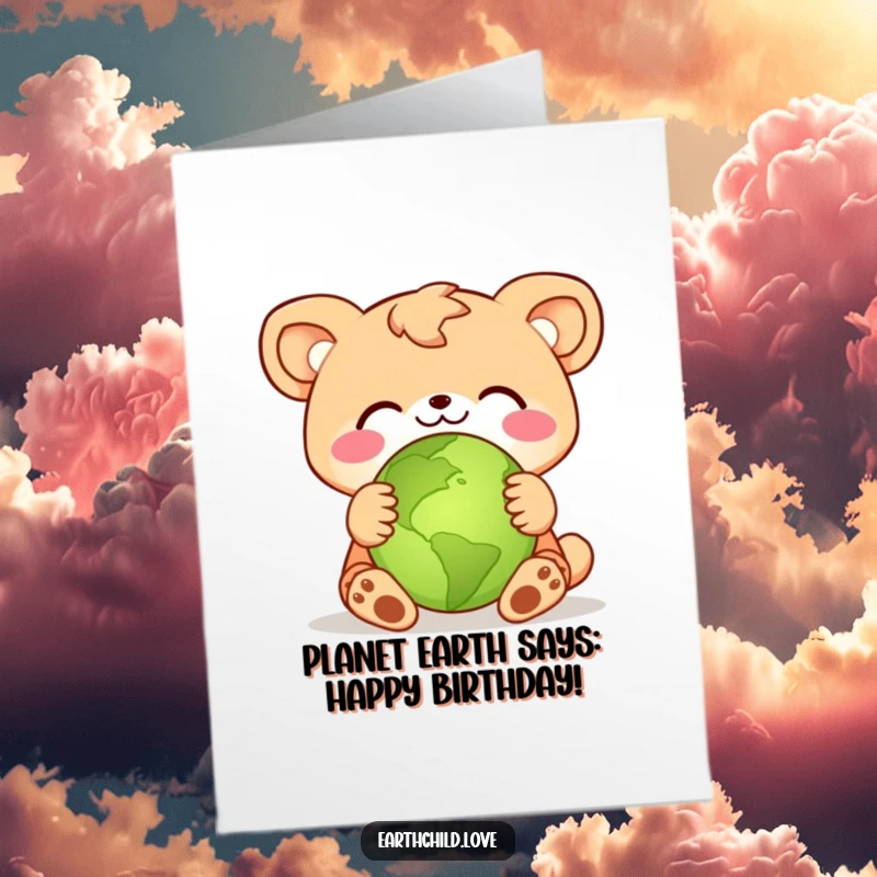 Funny Free Printable Birthday Card: Happy animal character hugging a small green planet, celebrating Earth with joy.