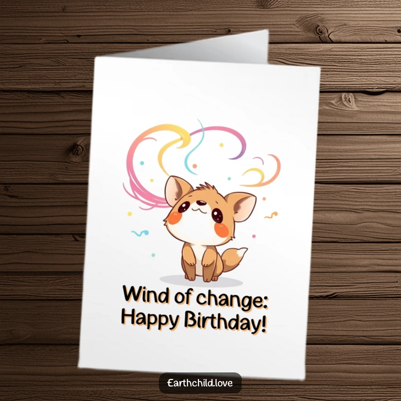 Funny Free Printable Birthday Card: Curious animal character looking up at colorful, swirling winds, full of wonder and possibility.