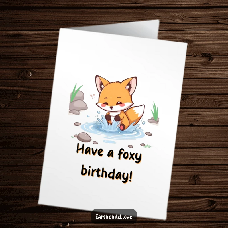 Funny Free Printable Birthday Card: Kawaii fox gleefully splashing water in a small stream, perfect for a lively greeting.
