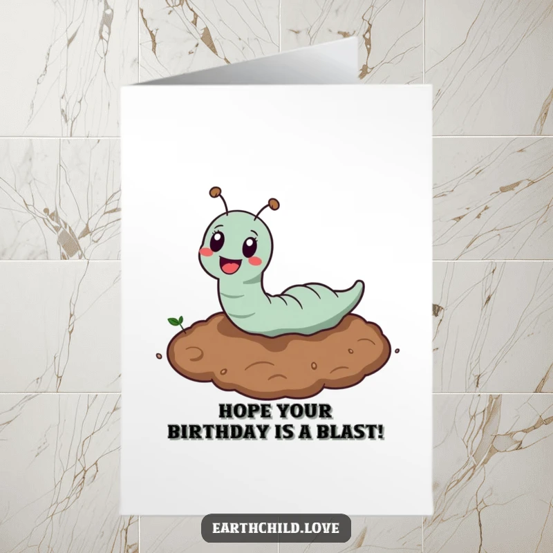 Funny Free Printable Earthworm Birthday Card, a kawaii worm joyfully digging deep into the soil with a smile.