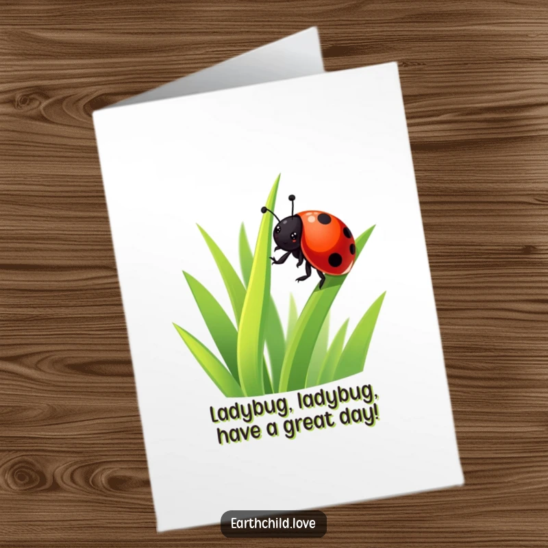 Funny Free Printable Ladybug Climbing Grass Birthday Card, a kawaii insect with a big smile reaching for the sky.