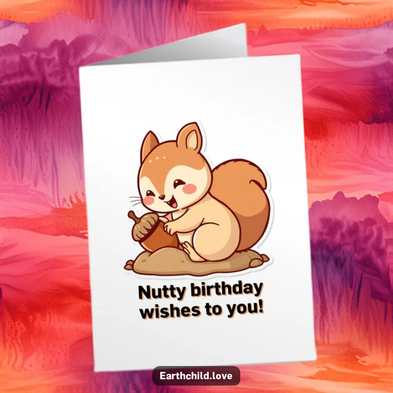 Funny Free Printable Birthday Card: Kawaii squirrel enthusiastically burying an acorn with an excited wiggle for a festive greeting.