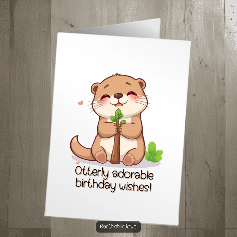Funny Free Printable Birthday Card: Kawaii otter hugging a tiny sapling with pure joy, ready for a DIY celebration.