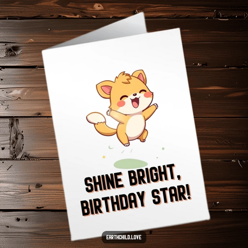Funny Free Printable Birthday Card: Energetic animal character playfully leaping through bright sunbeams, radiating happiness.