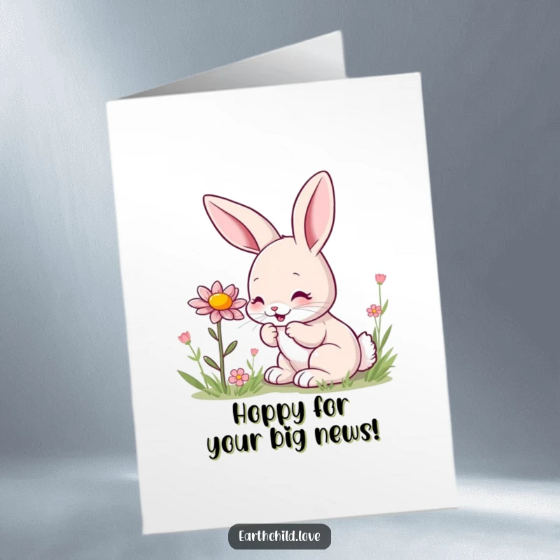 Funny Free Printable Congrats Card: A kawaii bunny delightedly smelling a beautiful blooming wildflower, celebrating success.