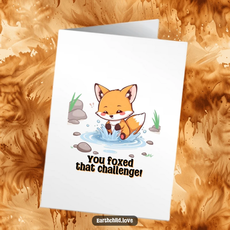 Funny Free Printable Congrats Card: A kawaii fox joyfully splashing in a stream, celebrating a big win.