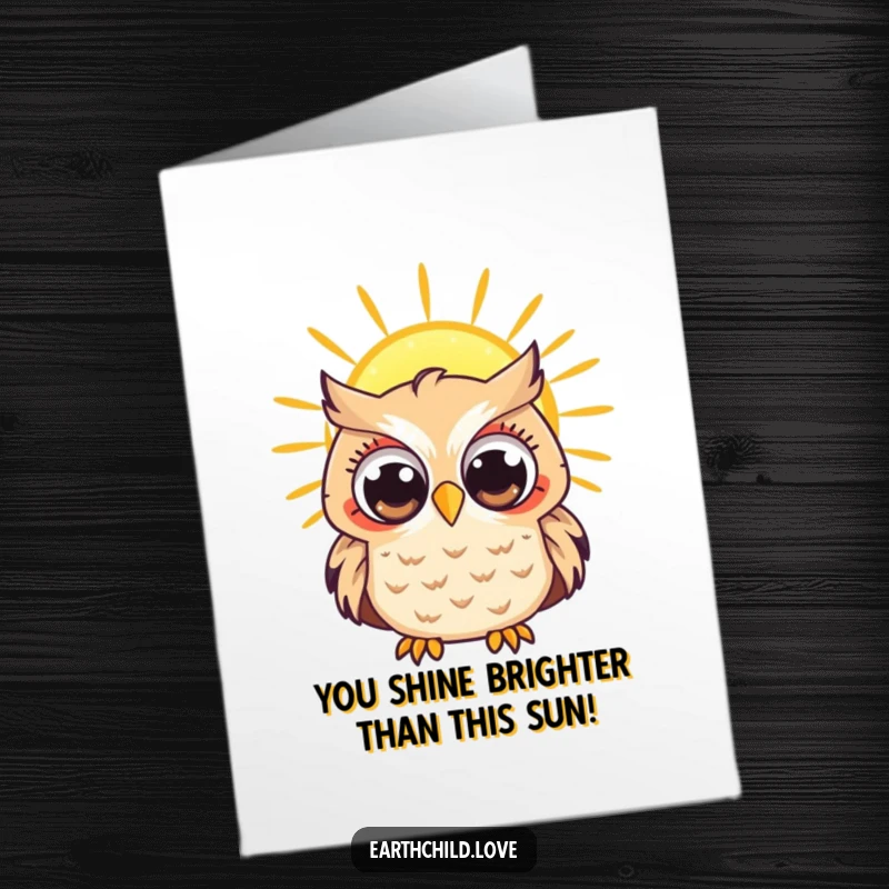 Funny Free Printable Congrats Card: A Kawaii owl observing a radiant sun, symbolizing bright futures.
