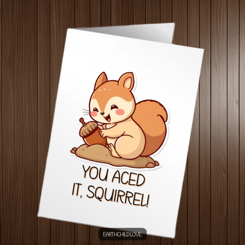 Funny Free Printable Congrats Card: A kawaii squirrel energetically burying an acorn, celebrating a successful endeavor.