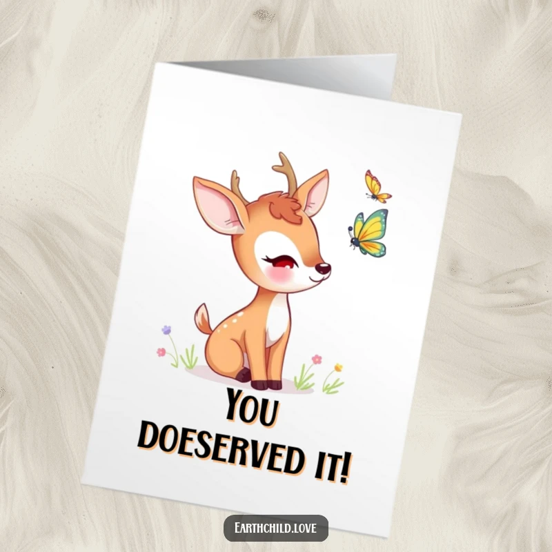 Funny Free Printable Congrats Card: A kawaii deer with wide eyes, observing a delicate butterfly in flight, celebrating milestones.