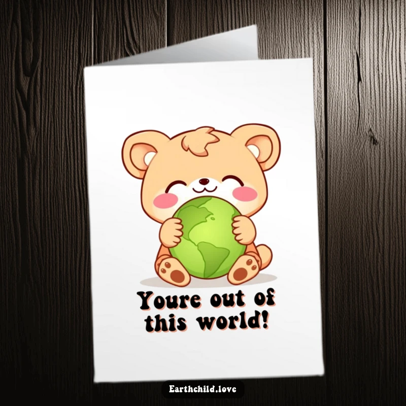 Funny Free Printable Congratulations Card: Joyful animal character hugging a small green planet, symbolizing a big achievement.
