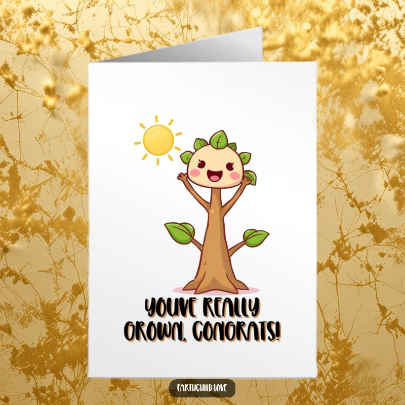 Funny Free Printable Congratulations Card: Kawaii tree sprout reaching enthusiastically towards the sun, symbolizing new achievements.