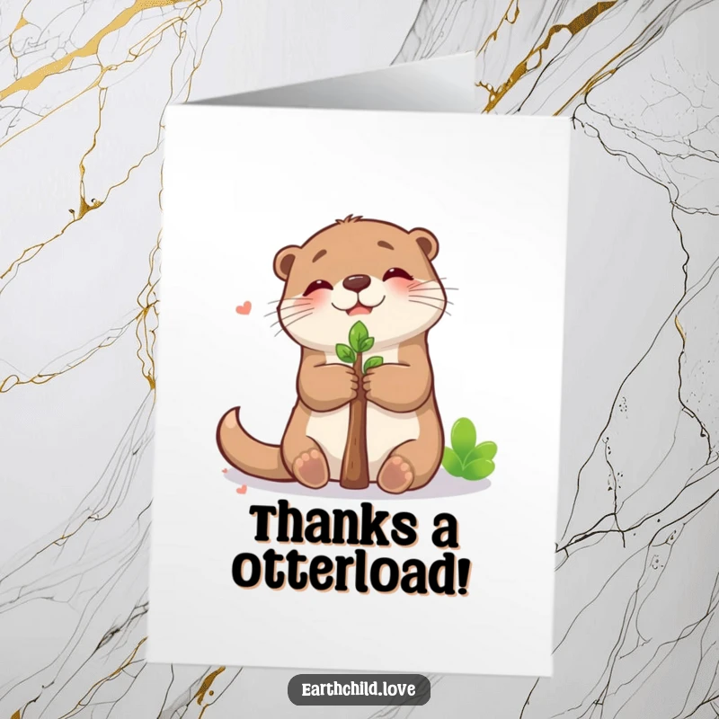 Funny Free Printable Thank You Card: Kawaii otter giving a tiny sapling a loving hug, a sweet way to say thanks.