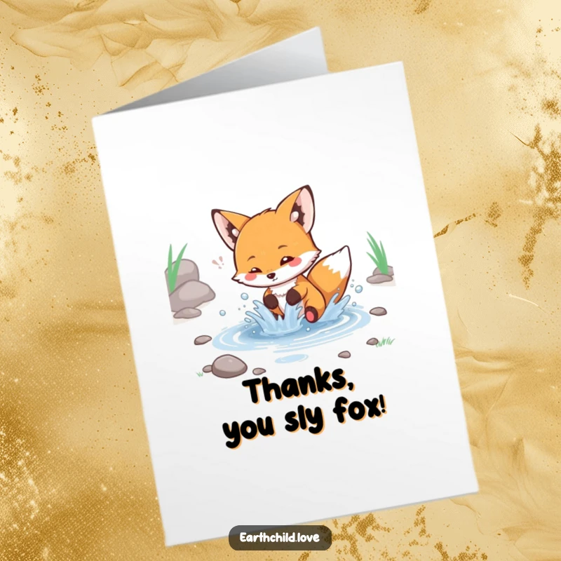 Funny Free Printable Thank You Card: Kawaii fox playfully splashing in a stream, a fun way to say thanks.