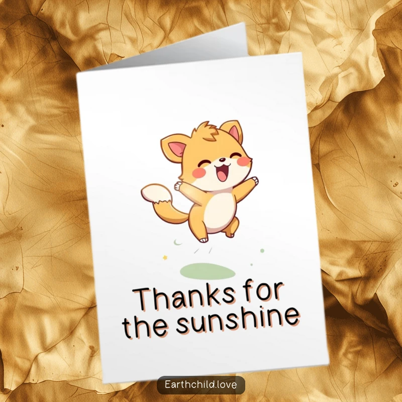 Funny Free Printable Thank You Card: Energetic animal character leaping through sunbeams, sending bright thanks.