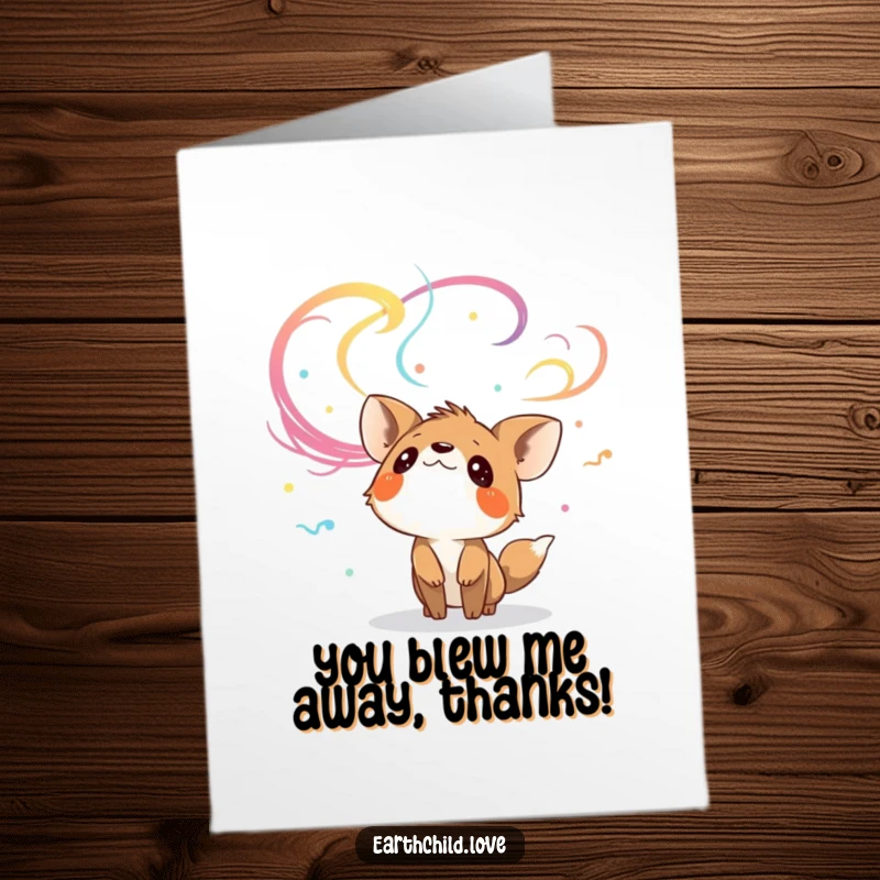 Funny Free Printable Thank You Card: Curious animal character looking up at colorful, swirling winds, expressing awe and thanks.