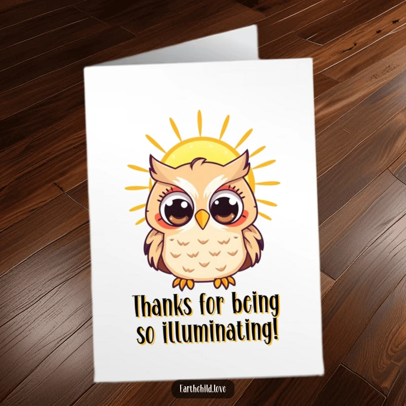 Funny Free Printable Thank You Card: A Kawaii owl with curious eyes looking at a bright sun.