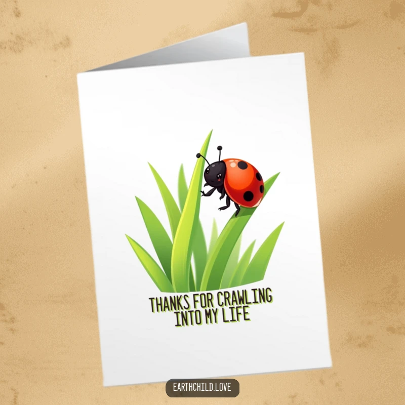 Funny Free Printable Ladybug Climbing Grass Thank You Card, a kawaii bug giving thanks with enthusiasm.
