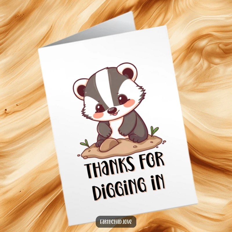 Funny Free Printable Thank You Card: A charming Kawaii badger digging with enthusiasm, sending a cute and heartfelt thank you message.