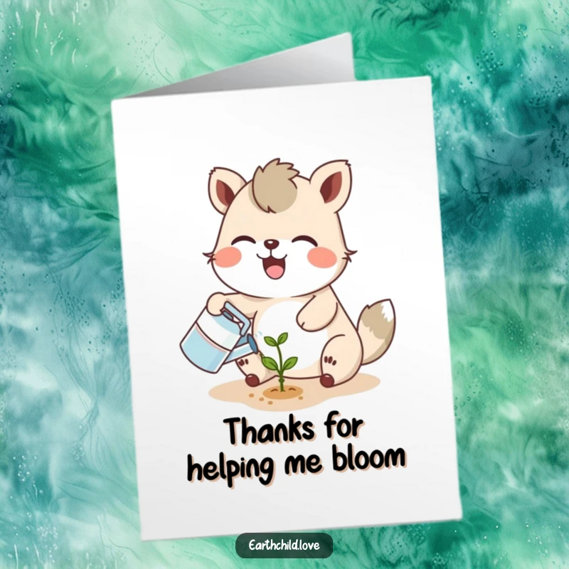 Funny Free Printable Thank You Card: Joyful animal character watering a tiny seedling with a smiling sprout, thanking them for nurturing.