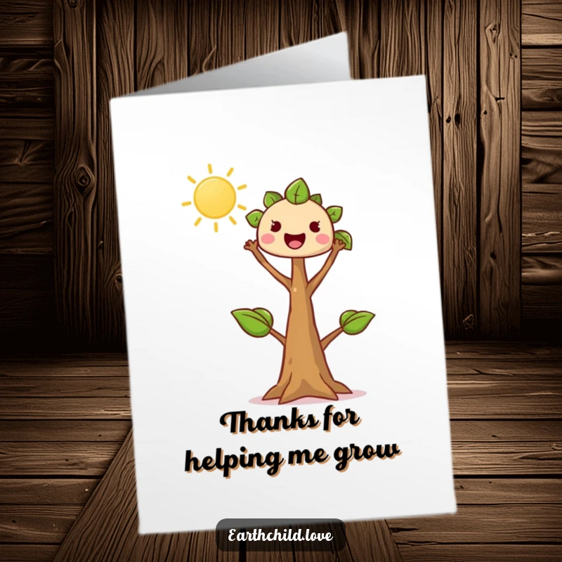 Funny Free Printable Thank You Card: Kawaii tree sprout reaching enthusiastically towards the sun, symbolizing growing gratitude.