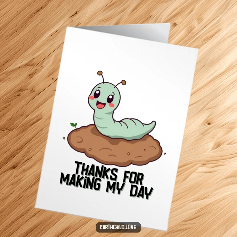 Funny Free Printable Earthworm Thank You Card, a kawaii worm peeking out from the dirt with a grateful smile.