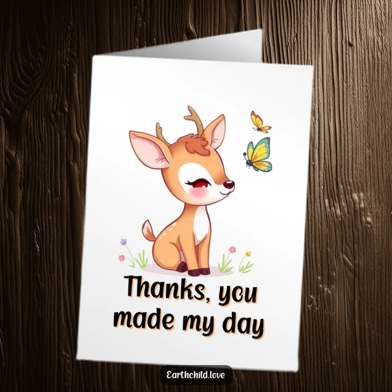 Funny Free Printable Thank You Card: Kawaii deer curiously watching a butterfly dance in the air, a sweet thank you.