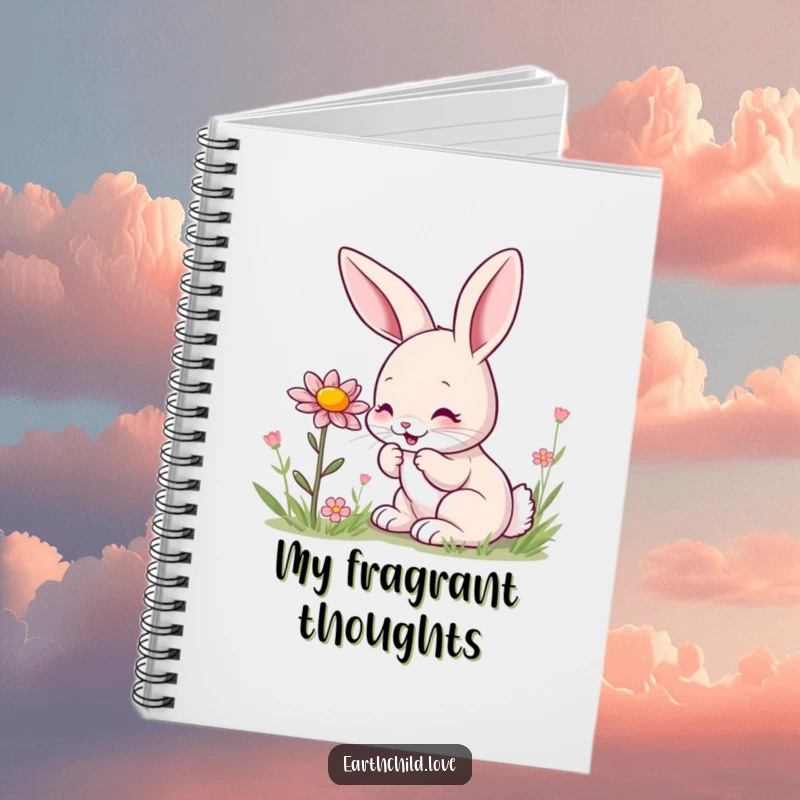 Funny kawaii bunny notebook, a cute bunny sniffing a wildflower with pure joy, ideal for garden notes.