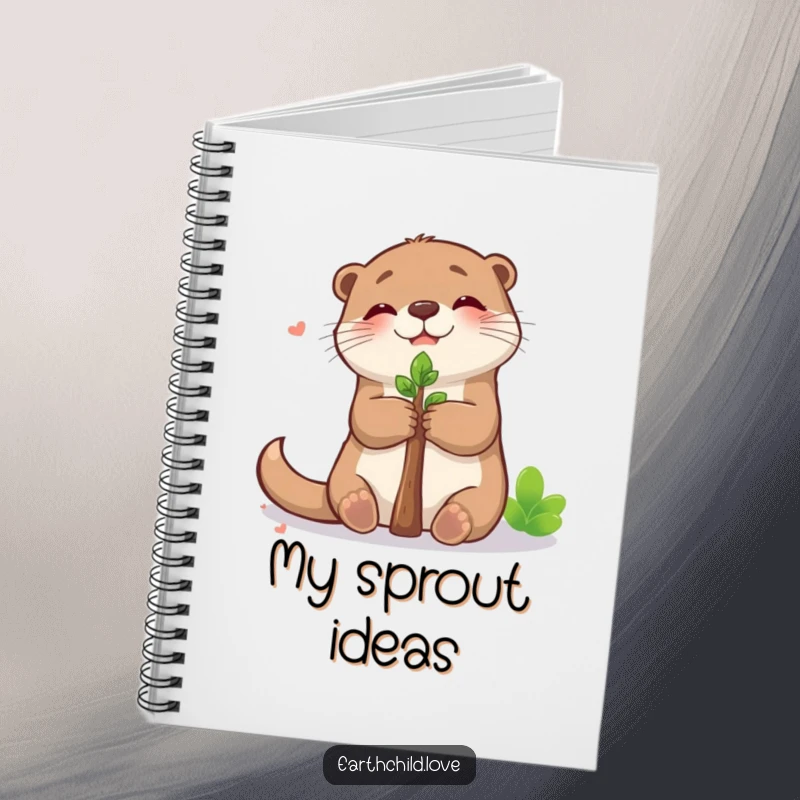 Funny kawaii otter notebook, a cute otter hugging a sapling with joy, perfect for nature lovers.