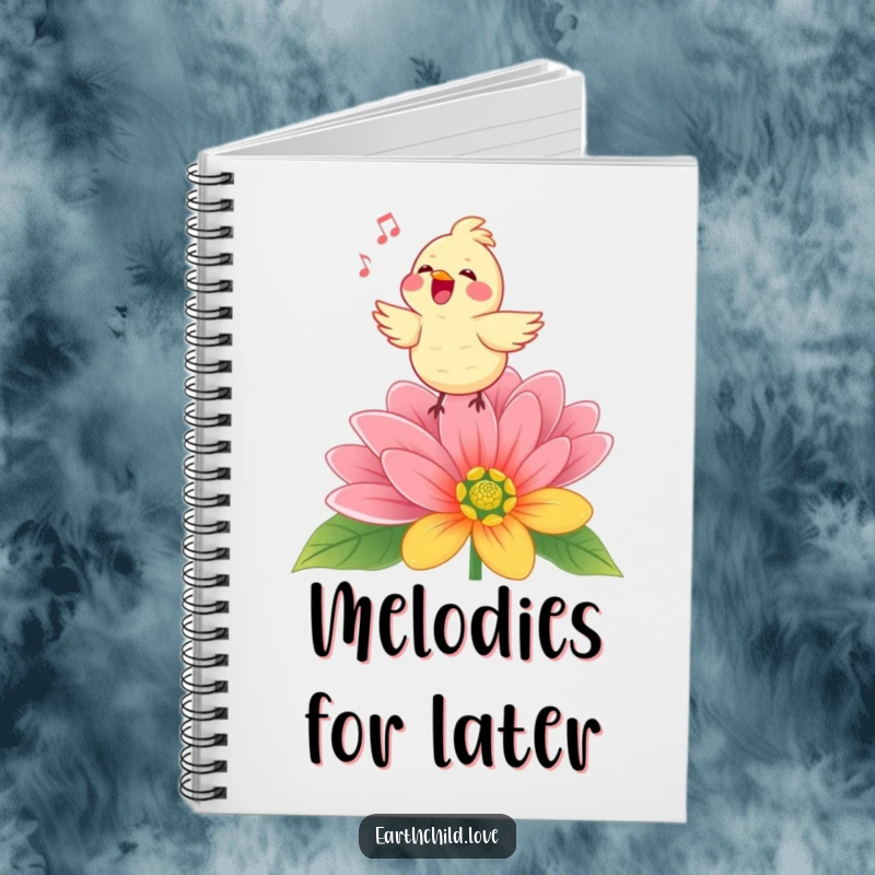 Funny Kawaii bird singing amidst colorful flowers, a lined notebook perfect for capturing creative thoughts and notes.
