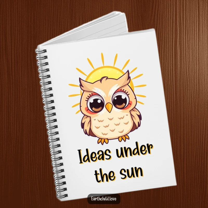 Funny Kawaii owl character with wide, curious eyes observing a radiant sun, a lined notebook for observations.