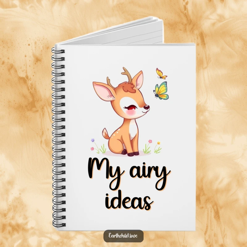 Funny kawaii deer notebook, a cute deer curiously observing a fluttering butterfly.