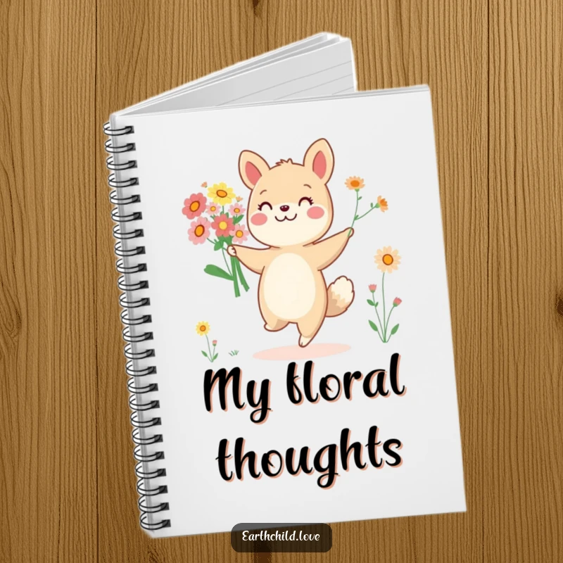 Funny cheerful animal character dancing with a bouquet of wildflowers, on the cover of a notebook.