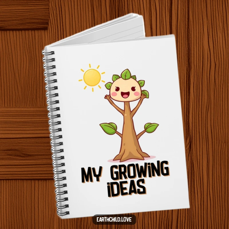 Funny tree sprout notebook, kawaii character reaching enthusiastically towards the sun, great for journaling and creative ideas.