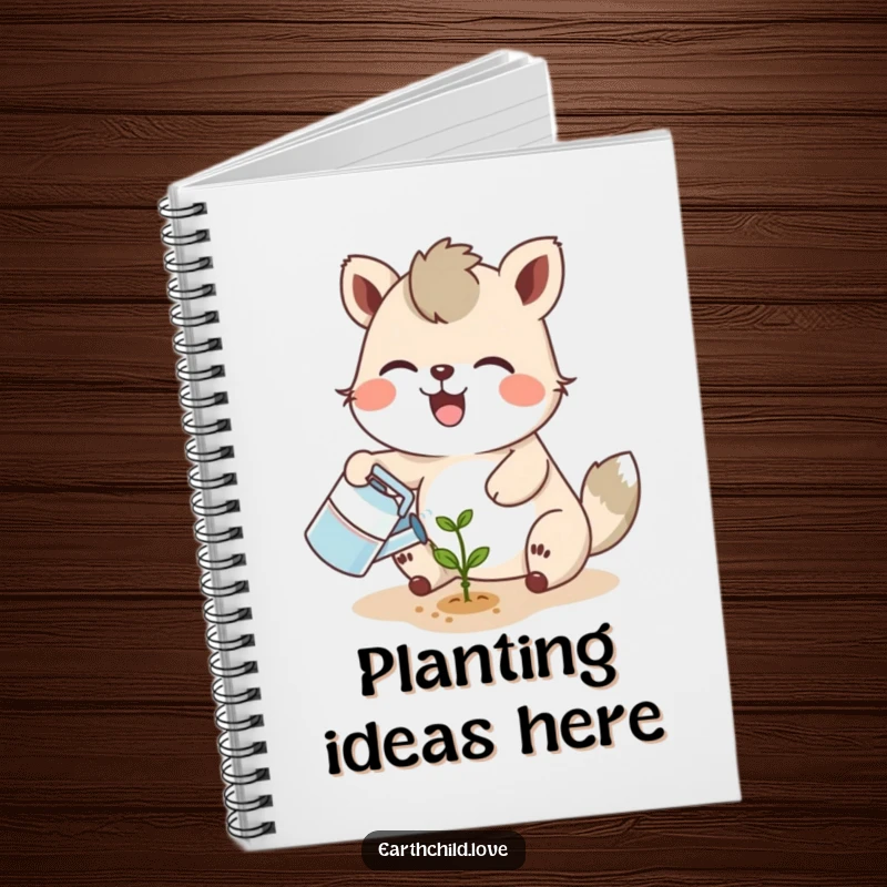 Funny joyful animal character watering a tiny seedling with a smiling sprout, on the cover of a notebook.