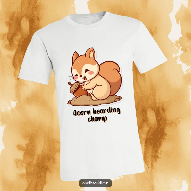 Funny kawaii squirrel t-shirt, a cute squirrel burying an acorn with an energetic, happy wiggle.