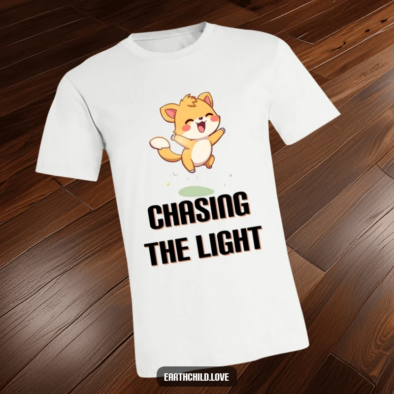 Funny energetic animal character joyfully leaping through vibrant sunbeams, printed on a comfortable t-shirt.