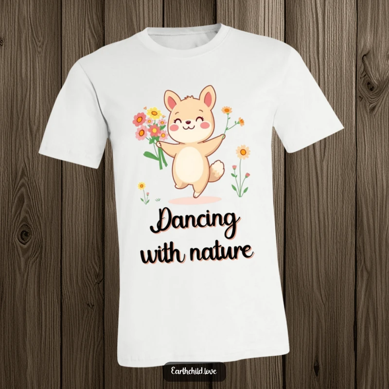 Funny cheerful animal character dancing with a bouquet of wildflowers, printed on a comfortable t-shirt.