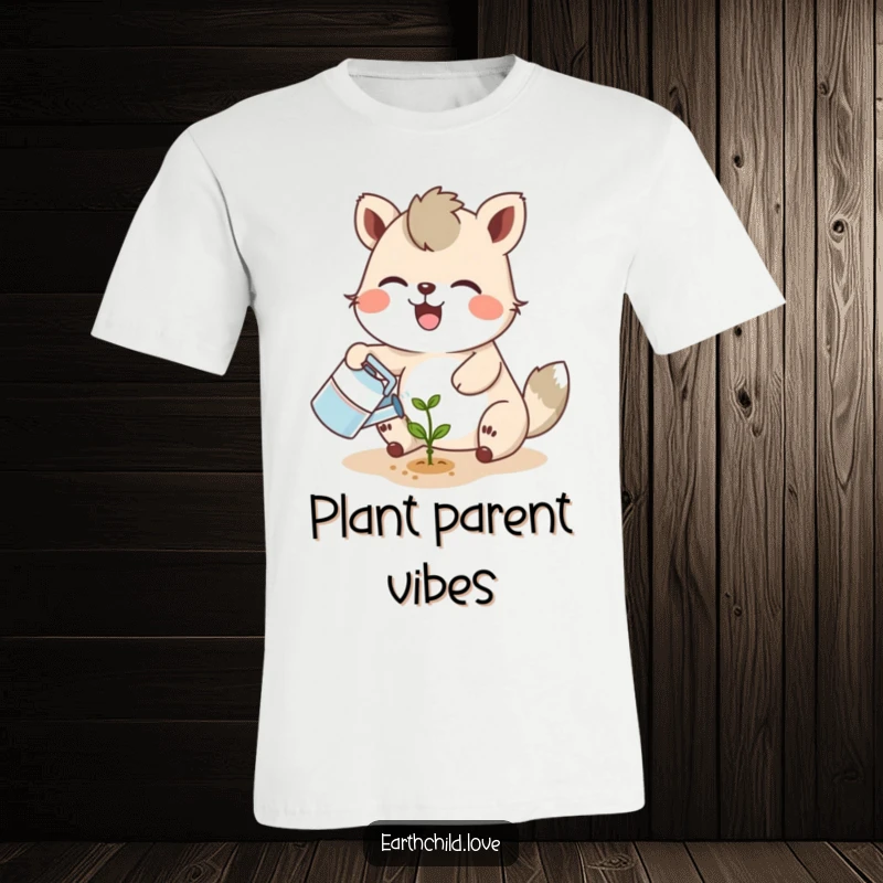 Funny joyful animal character watering a tiny seedling, with a smiling sprout, on a comfortable t-shirt.
