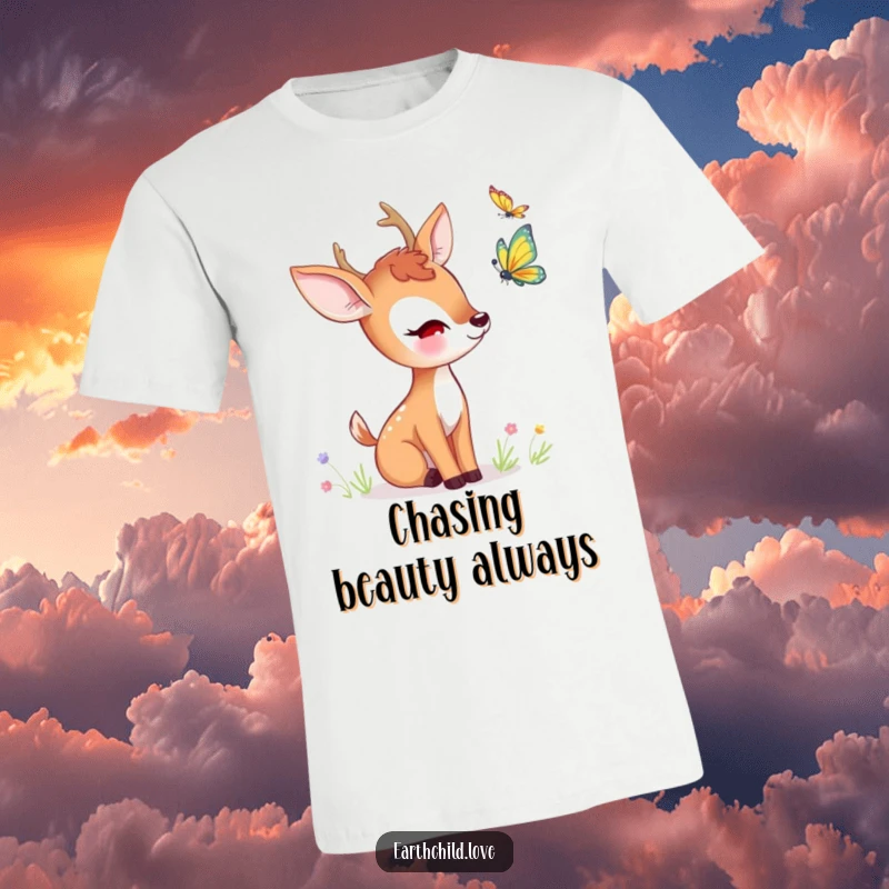 Funny kawaii deer t-shirt, a cute deer curiously observing a fluttering butterfly with serene interest.